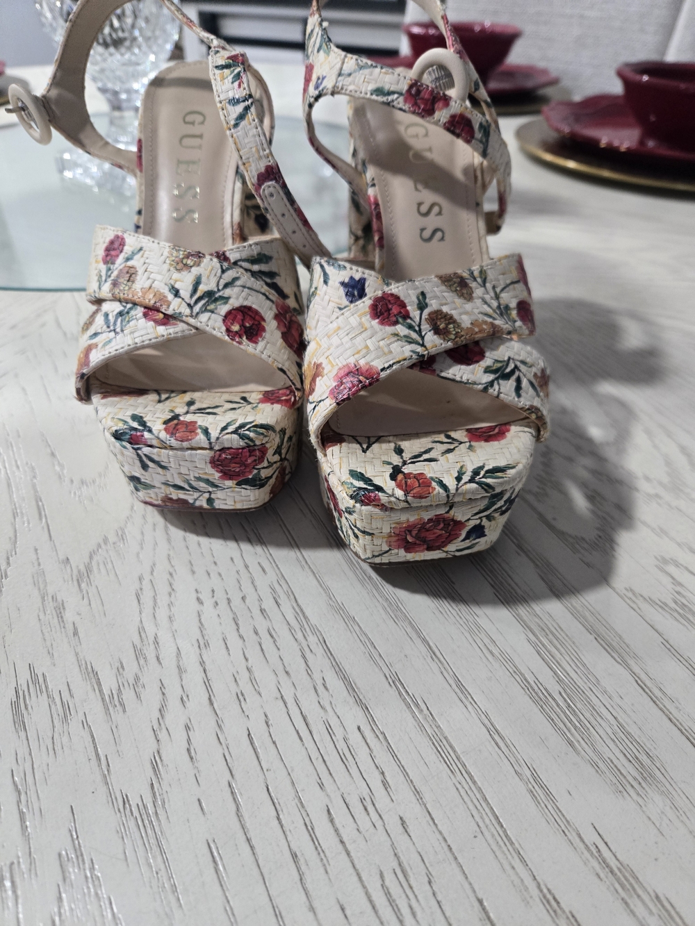 GUESS Women Cream Floral Platform Shoes with Rose Print